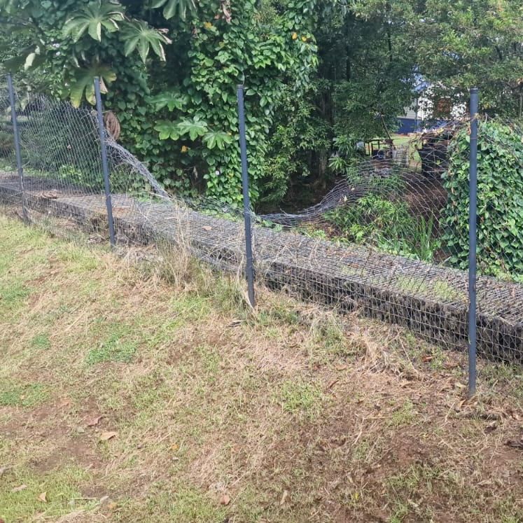 Grillage affaissé au dessus d'un muret en gabions, entre des poteaux restés debout